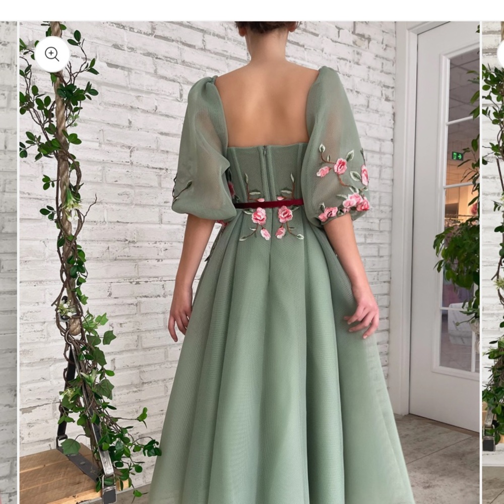 Teuta Matoshi Sage Green Maxi Dress with Pink Floral Embroidery - Picture 2 of 12